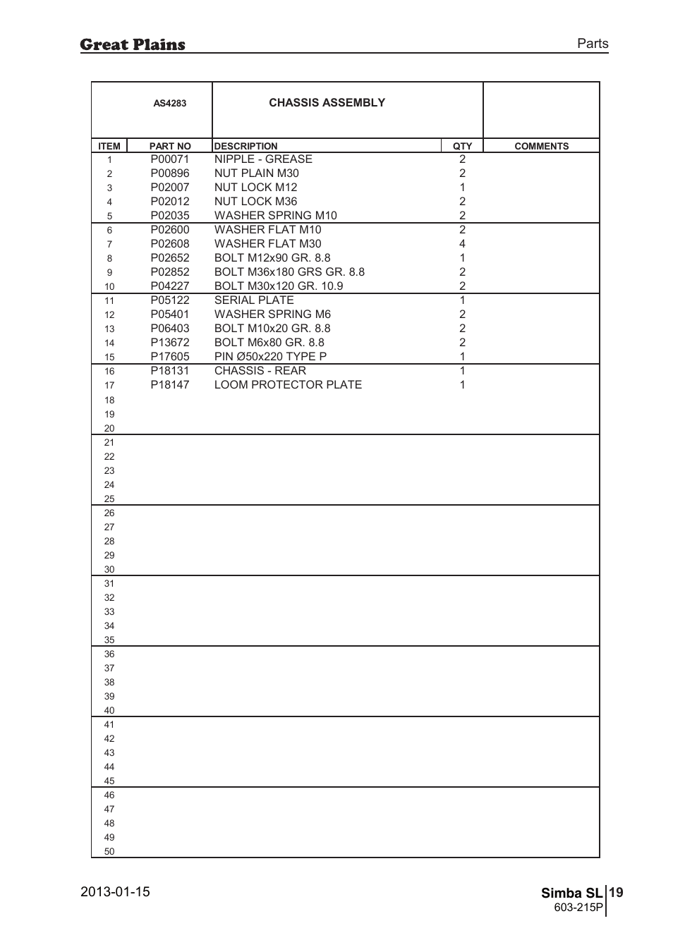 53 simba sl, Parts and assembly, Simba sl | 52 7. parts and assembly, Aas 42 83, Parts 19 simba sl, Operating instructions, Chassis assembly, 215p, Si m b a | Great Plains SL600 Parts Manual User Manual | Page 19 / 144