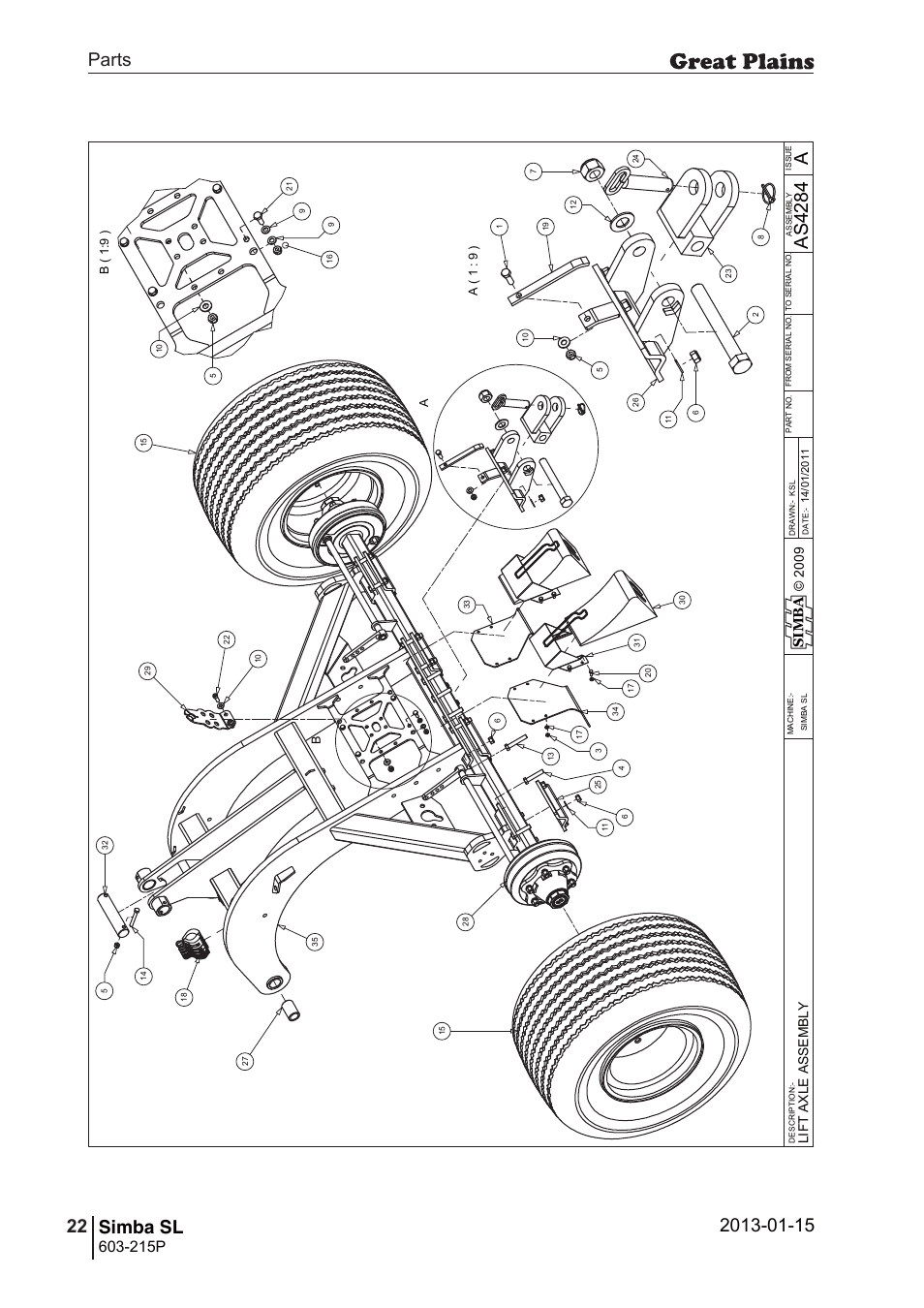 Simba sl, 56 7. parts and assembly, Aas 42 84 | Parts 22 simba sl, Operating instructions, 215p, Si m b a, Li ft a x le a ss em bl y, A( 1 : 9 ) b ( 1: 9 ) | Great Plains SL600 Parts Manual User Manual | Page 22 / 144