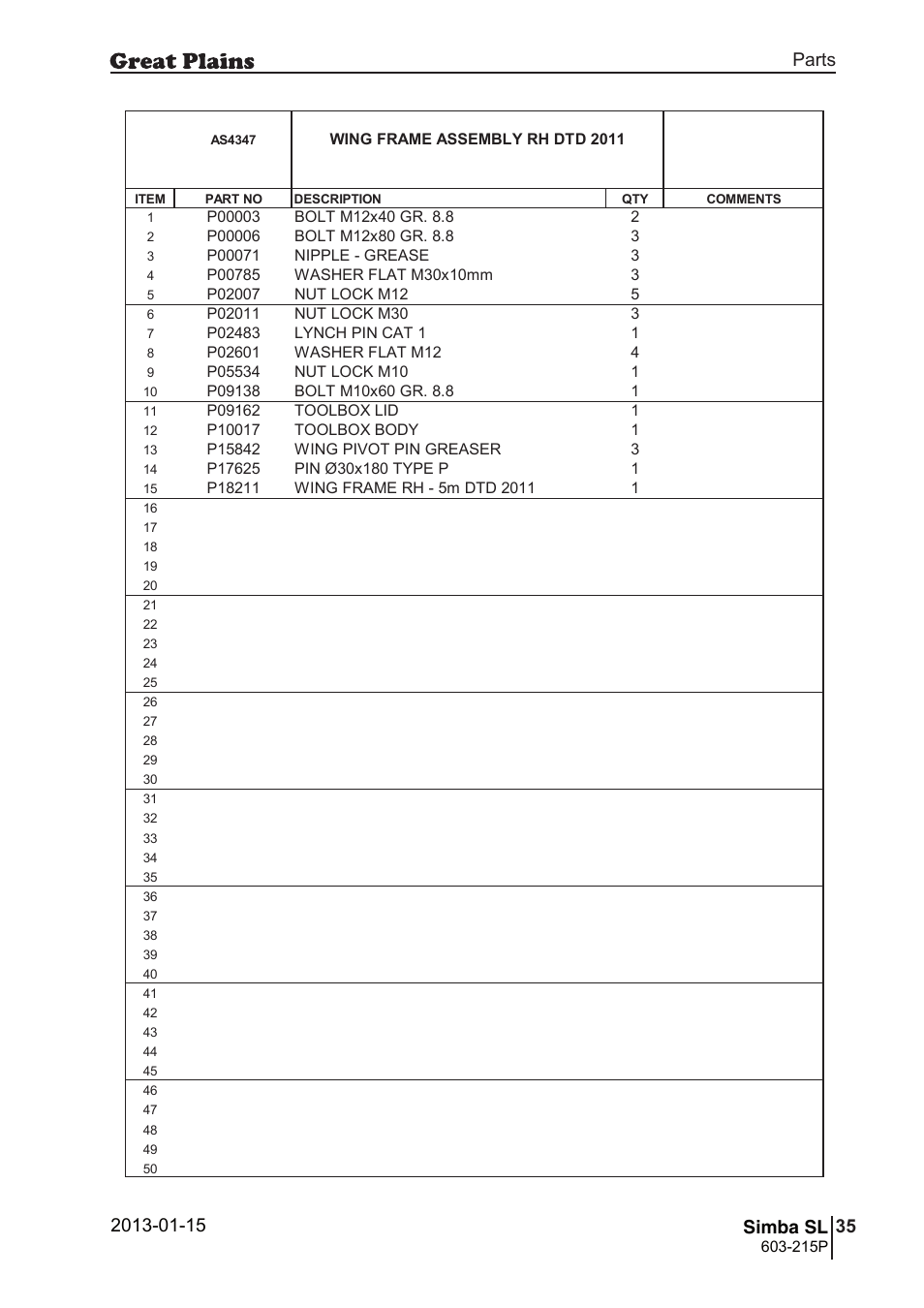 69 simba sl, Parts and assembly, Simba sl | 68 7. parts and assembly, Aas 43 47, Parts 35 simba sl, Operating instructions, Wing frame assembly rh dtd 2011, 215p, Si m b a | Great Plains SL600 Parts Manual User Manual | Page 35 / 144