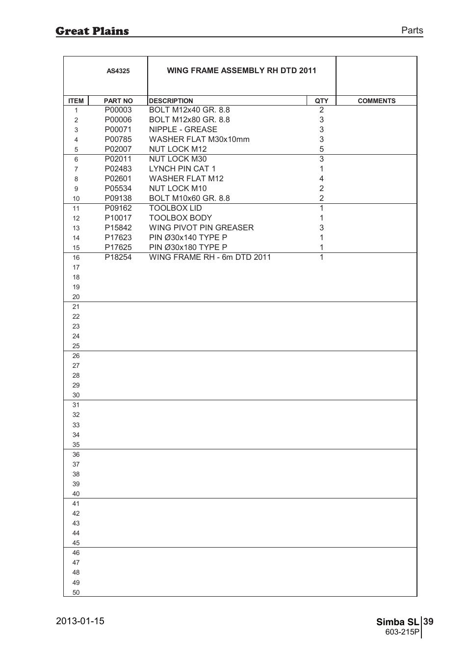 73 simba sl, Parts and assembly, Simba sl | 72 7. parts and assembly, Aas 43 25, Parts 39 simba sl, Operating instructions, Wing frame assembly rh dtd 2011, 215p, Si m b a | Great Plains SL600 Parts Manual User Manual | Page 39 / 144