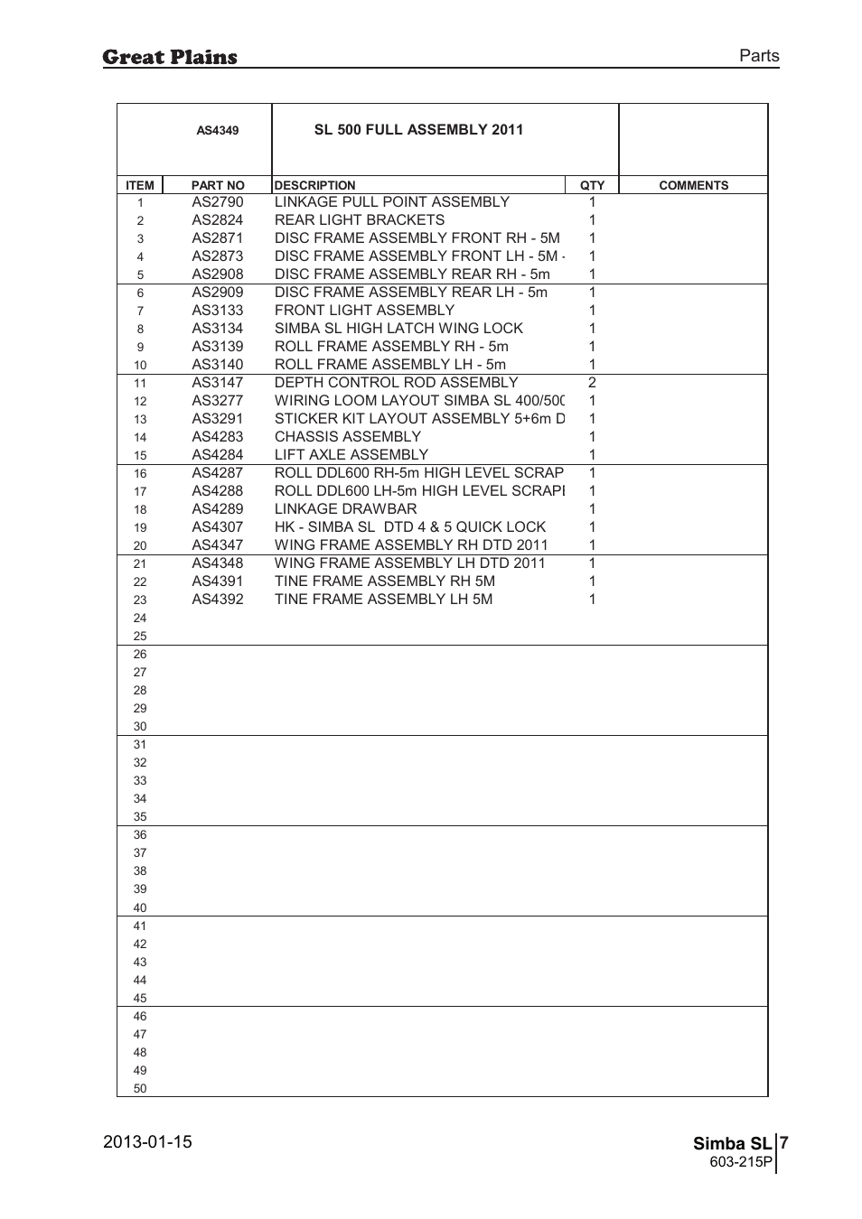 41 simba sl, Parts and assembly, Simba sl | 40 7. parts and assembly, Aas 43 49, Parts 7 simba sl, Operating instructions, 215p, Si m b a, As4349 | Great Plains SL600 Parts Manual User Manual | Page 7 / 144