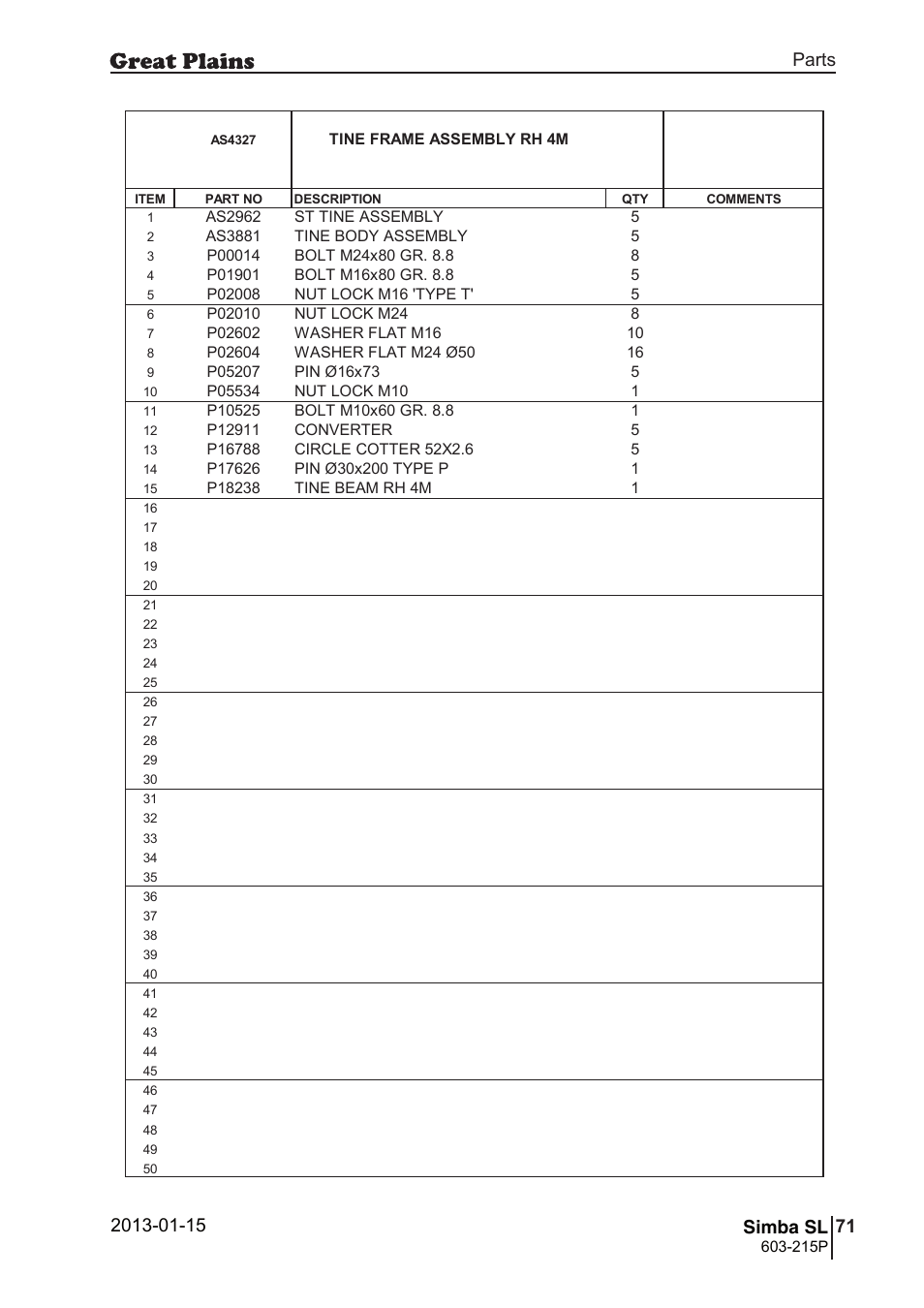 105 simba sl, Parts and assembly, Simba sl | 104 7. parts and assembly, Aas 43 27, Parts 71 simba sl, Operating instructions, Tine frame assembly rh 4m, 215p, Si m b a | Great Plains SL600 Parts Manual User Manual | Page 71 / 144