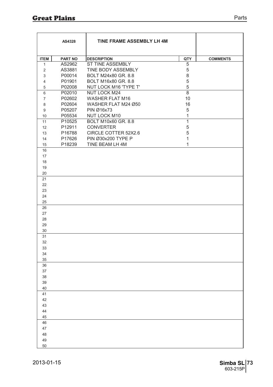 107 simba sl, Parts and assembly, Simba sl | 106 7. parts and assembly, Aas 43 28, Parts 73 simba sl, Operating instructions, Tine frame assembly lh 4m, 215p, Si m b a | Great Plains SL600 Parts Manual User Manual | Page 73 / 144