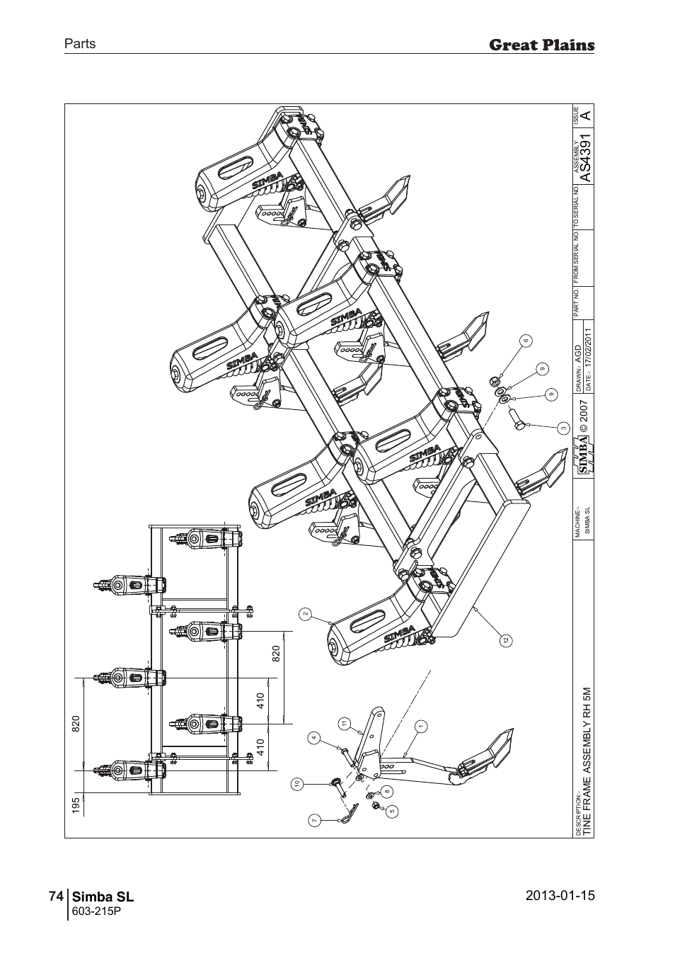 Simba sl, 108 7. parts and assembly, Aas 43 91 | Parts 74 simba sl, Operating instructions, 215p, Si m b a | Great Plains SL600 Parts Manual User Manual | Page 74 / 144