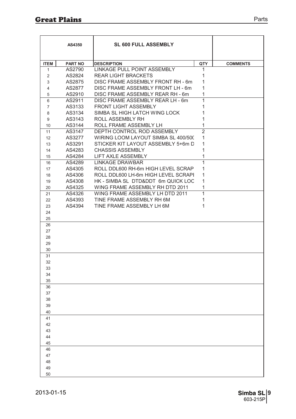 43 simba sl, Parts and assembly, Simba sl | 42 7. parts and assembly, Aas 43 50, Parts 9 simba sl, Operating instructions, Sl 600 full assembly, 215p, Si m b a | Great Plains SL600 Parts Manual User Manual | Page 9 / 144