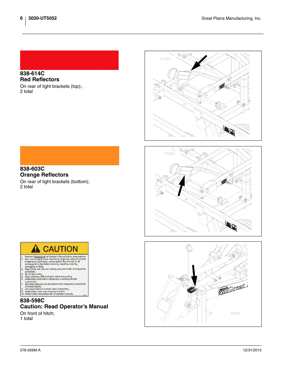 614c red reflectors, 603c orange reflectors, 598c caution: read operator’s manual | Great Plains UT5052 Operator Manual User Manual | Page 10 / 36