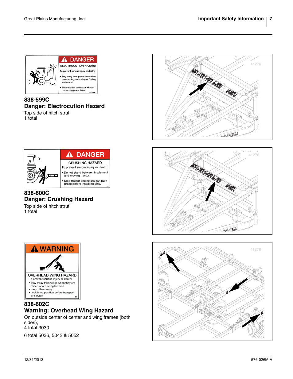 599c danger: electrocution hazard, 600c danger: crushing hazard, 602c warning: overhead wing hazard | Great Plains UT5052 Operator Manual User Manual | Page 11 / 36