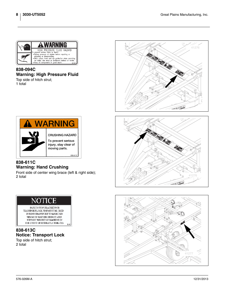 094c warning: high pressure fluid, 611c warning: hand crushing, 613c notice: transport lock | Great Plains UT5052 Operator Manual User Manual | Page 12 / 36