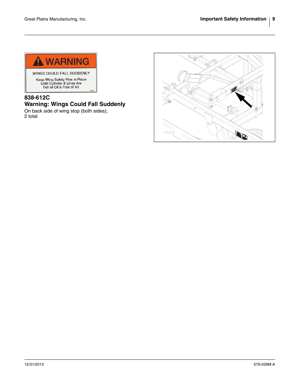 612c warning: wings could fall suddenly | Great Plains UT5052 Operator Manual User Manual | Page 13 / 36