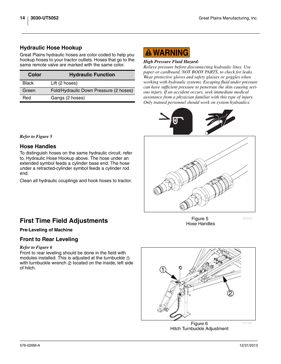 Hydraulic hose hookup, Hose handles, First time field adjustments | Pre-leveling of machine, Front to rear leveling, Hydraulic hose hookup hose handles | Great Plains UT5052 Operator Manual User Manual | Page 18 / 36