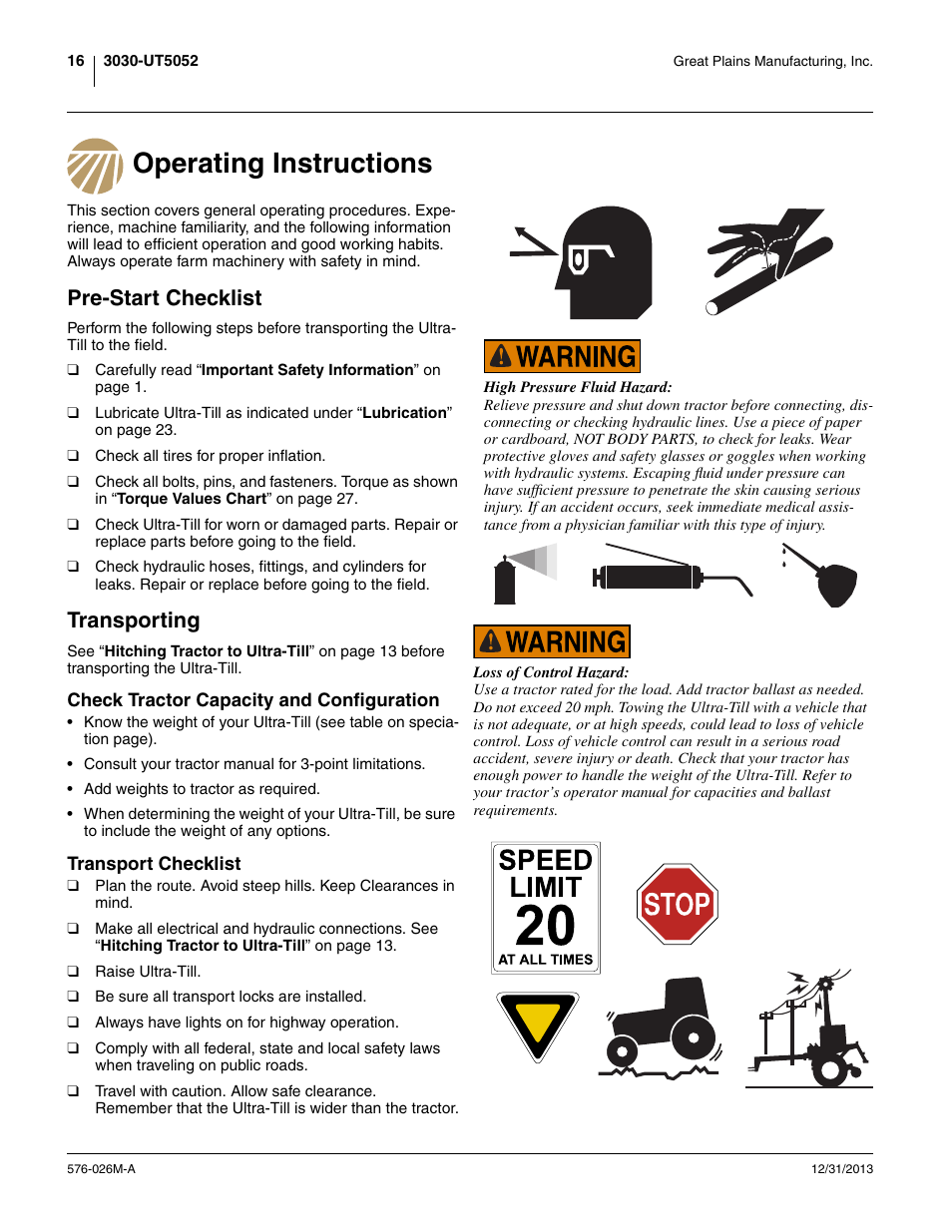 Operating instructions, Pre-start checklist, Transporting | Check tractor capacity and configuration, Transport checklist | Great Plains UT5052 Operator Manual User Manual | Page 20 / 36