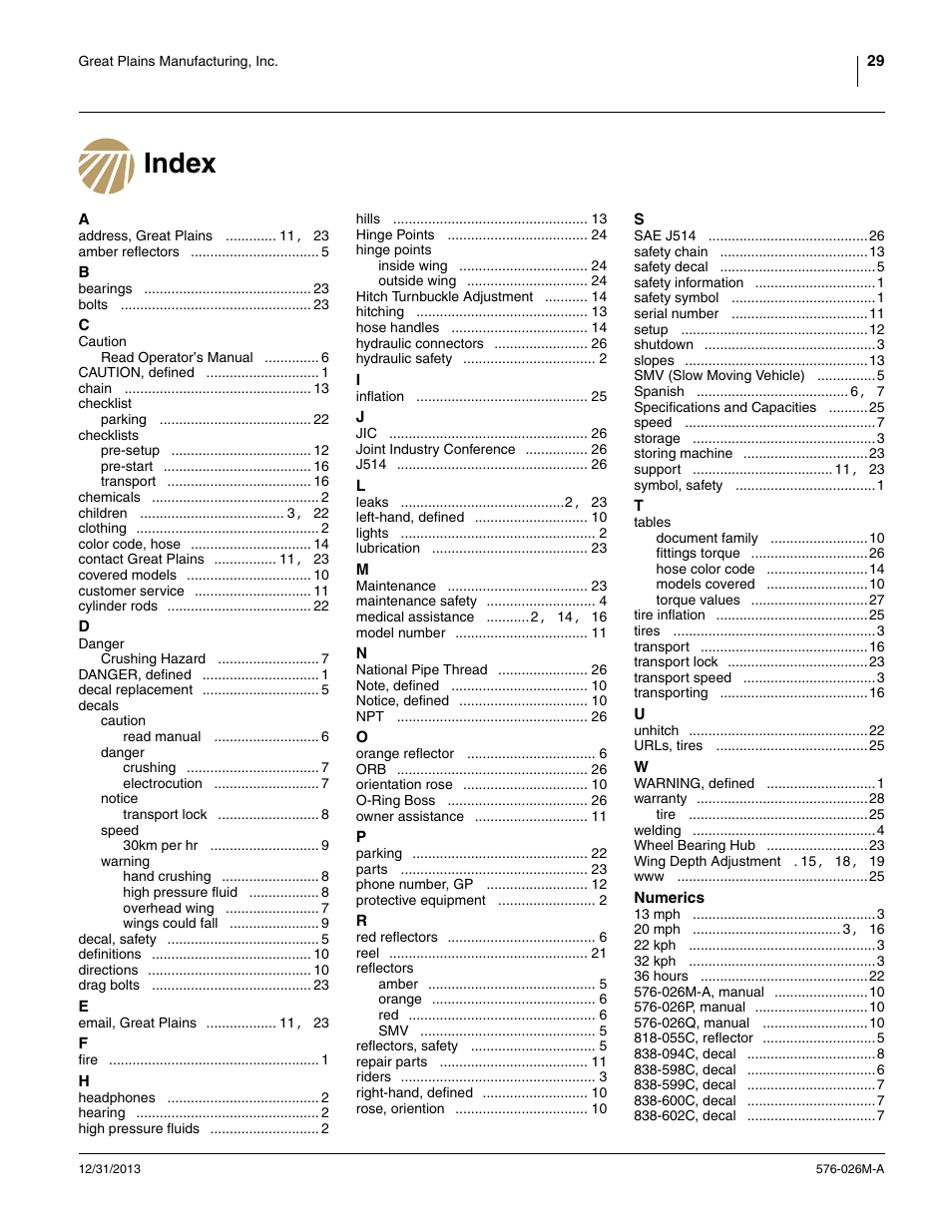 Index | Great Plains UT5052 Operator Manual User Manual | Page 33 / 36