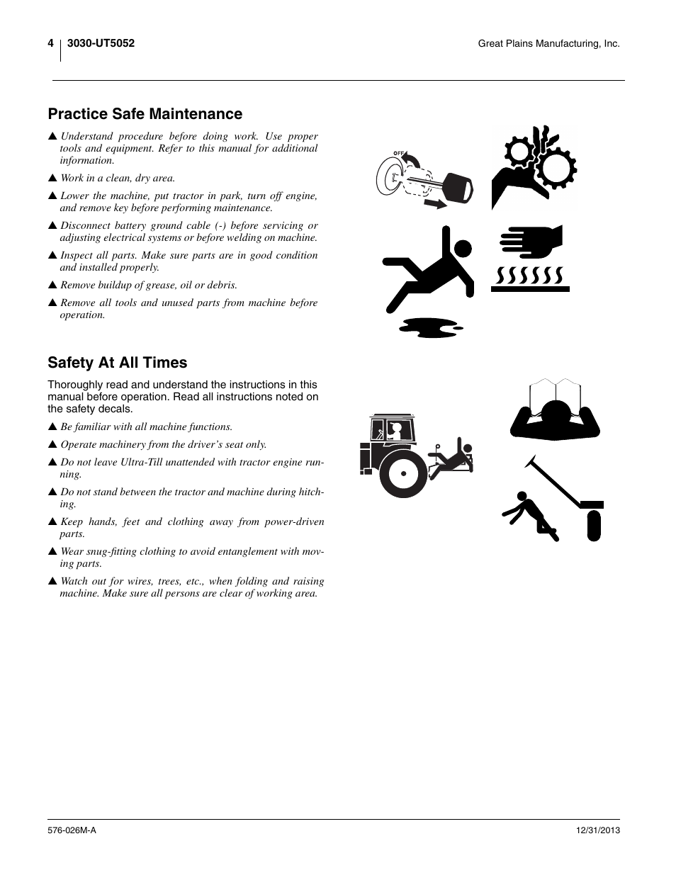 Practice safe maintenance, Safety at all times | Great Plains UT5052 Operator Manual User Manual | Page 8 / 36
