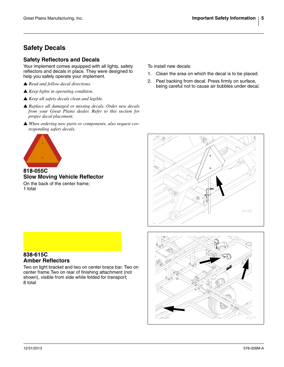 Safety decals, Safety reflectors and decals, 055c slow moving vehicle reflector | 615c amber reflectors | Great Plains UT5052 Operator Manual User Manual | Page 9 / 36