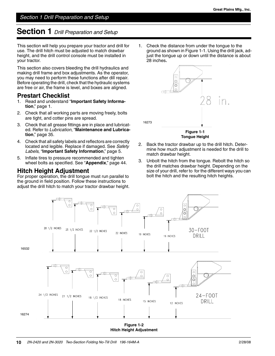 Prestart checklist, Hitch height adjustment | Great Plains 2N-3020 Operator Manual User Manual | Page 12 / 48
