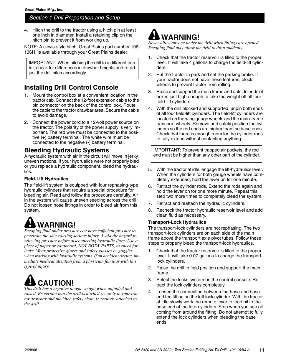 Warning, Caution, Installing drill control console | Bleeding hydraulic systems | Great Plains 2N-3020 Operator Manual User Manual | Page 13 / 48