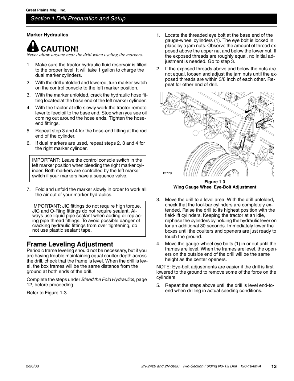 Caution, Frame leveling adjustment | Great Plains 2N-3020 Operator Manual User Manual | Page 15 / 48