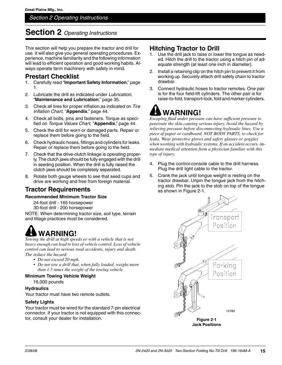 Warning, Prestart checklist, Tractor requirements | Hitching tractor to drill | Great Plains 2N-3020 Operator Manual User Manual | Page 17 / 48