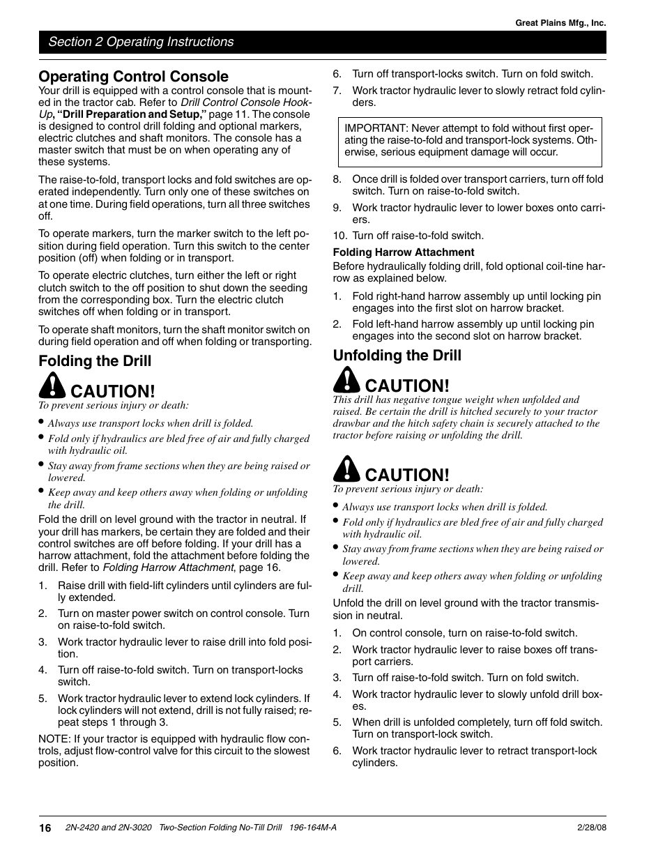 Caution, Operating control console, Folding the drill | Unfolding the drill | Great Plains 2N-3020 Operator Manual User Manual | Page 18 / 48