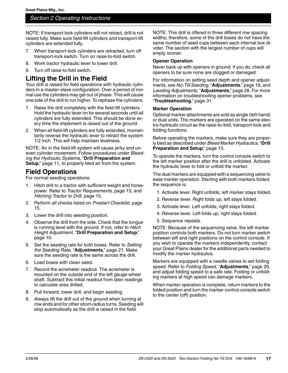 Lifting the drill in the field, Field operations | Great Plains 2N-3020 Operator Manual User Manual | Page 19 / 48