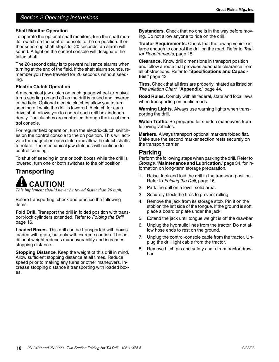 Caution, Transporting, Parking | Great Plains 2N-3020 Operator Manual User Manual | Page 20 / 48
