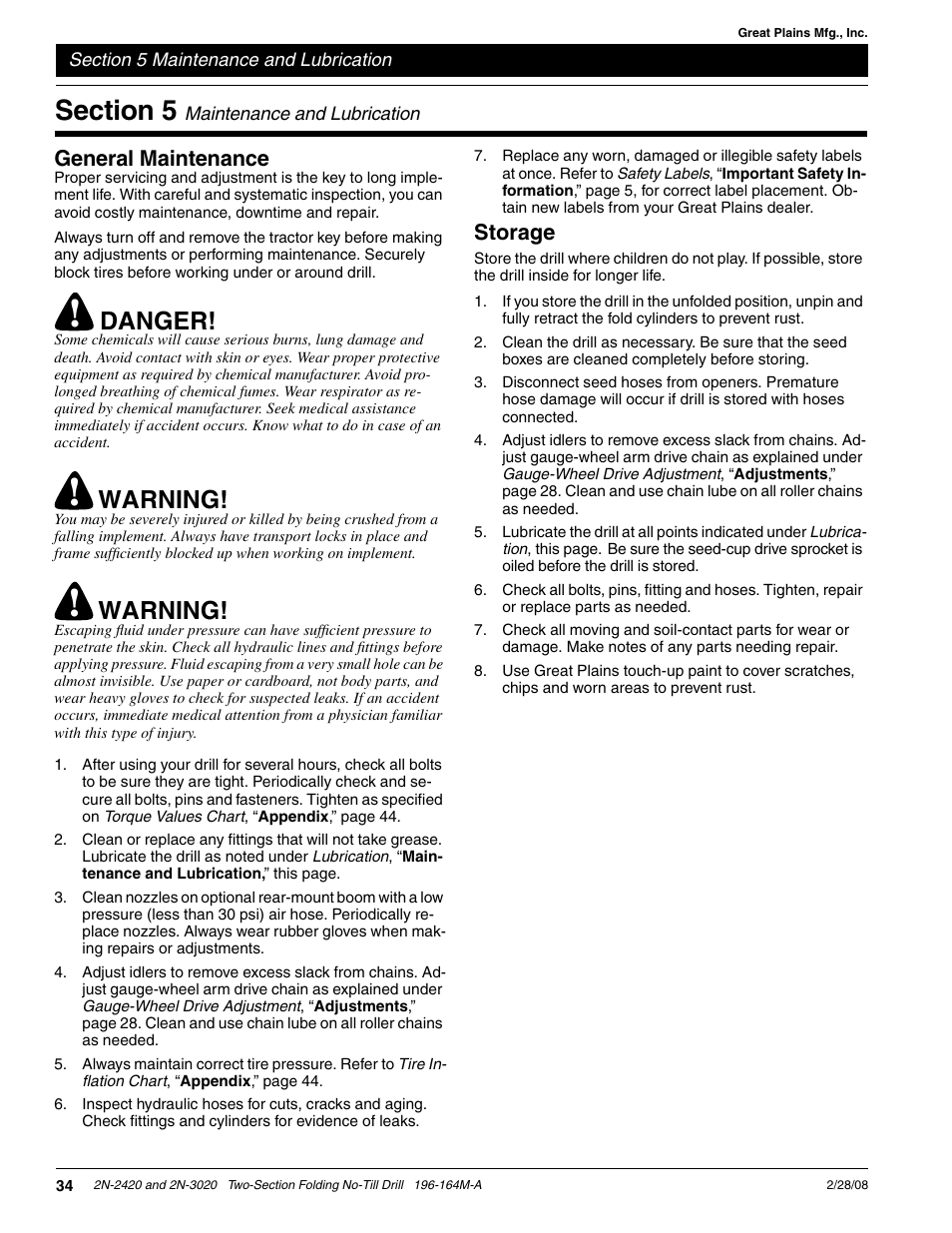 Danger, Warning, General maintenance | Storage | Great Plains 2N-3020 Operator Manual User Manual | Page 36 / 48