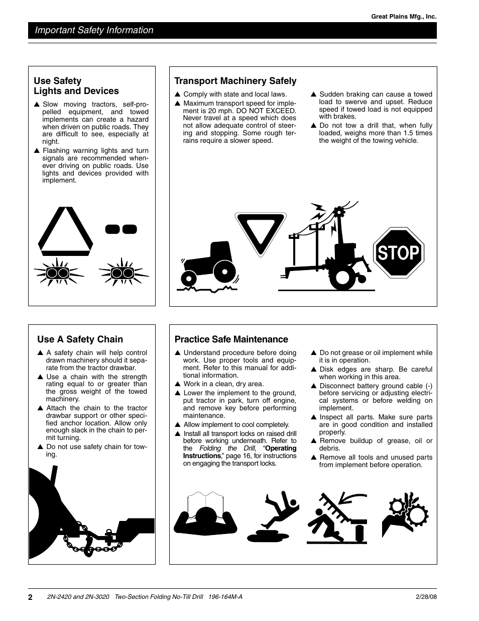 Important safety information, Transport machinery safely, Use safety lights and devices | Practice safe maintenance, Use a safety chain | Great Plains 2N-3020 Operator Manual User Manual | Page 4 / 48