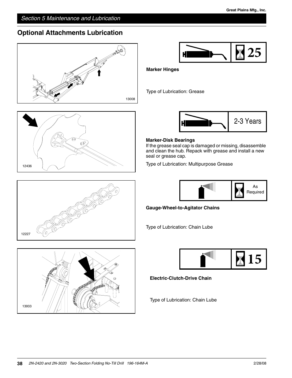 3 years, Optional attachments lubrication | Great Plains 2N-3020 Operator Manual User Manual | Page 40 / 48