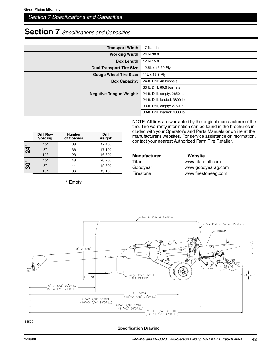 Specifications and capacities | Great Plains 2N-3020 Operator Manual User Manual | Page 45 / 48