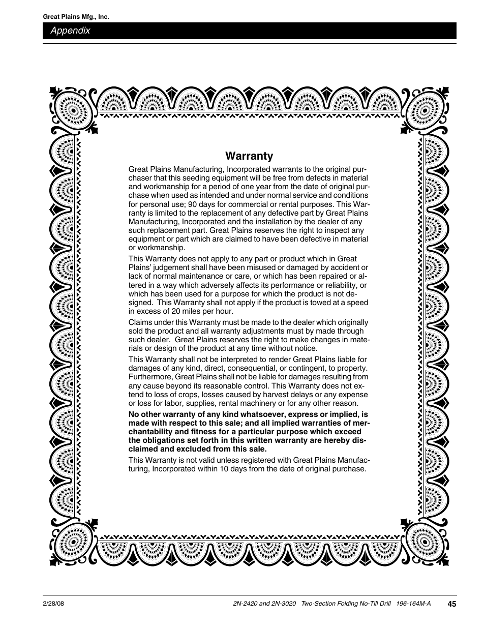 Warranty | Great Plains 2N-3020 Operator Manual User Manual | Page 47 / 48