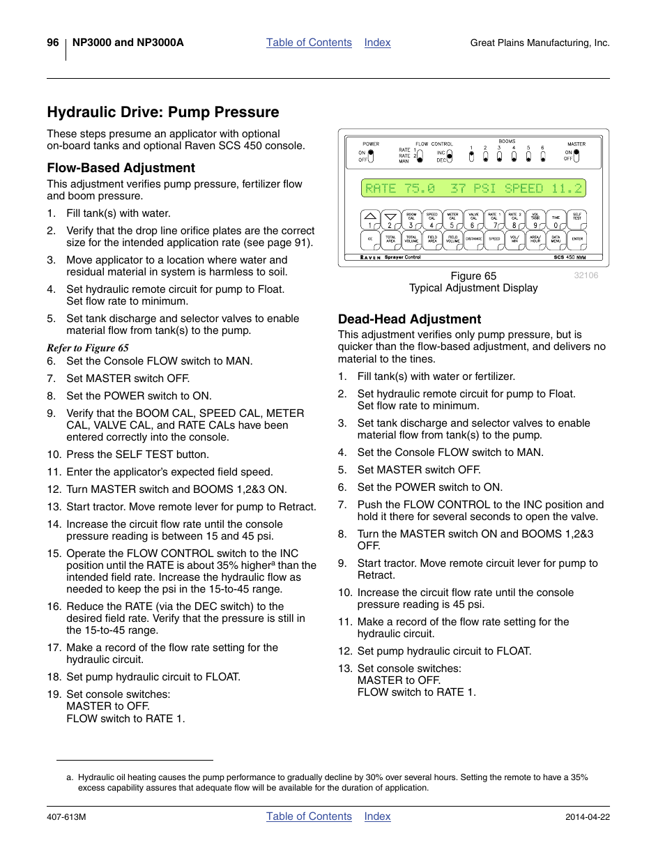 Hydraulic drive: pump pressure, Flow-based adjustment, Dead-head adjustment | Flow-based adjustment dead-head adjustment | Great Plains NP3000A Operator Manual User Manual | Page 100 / 188