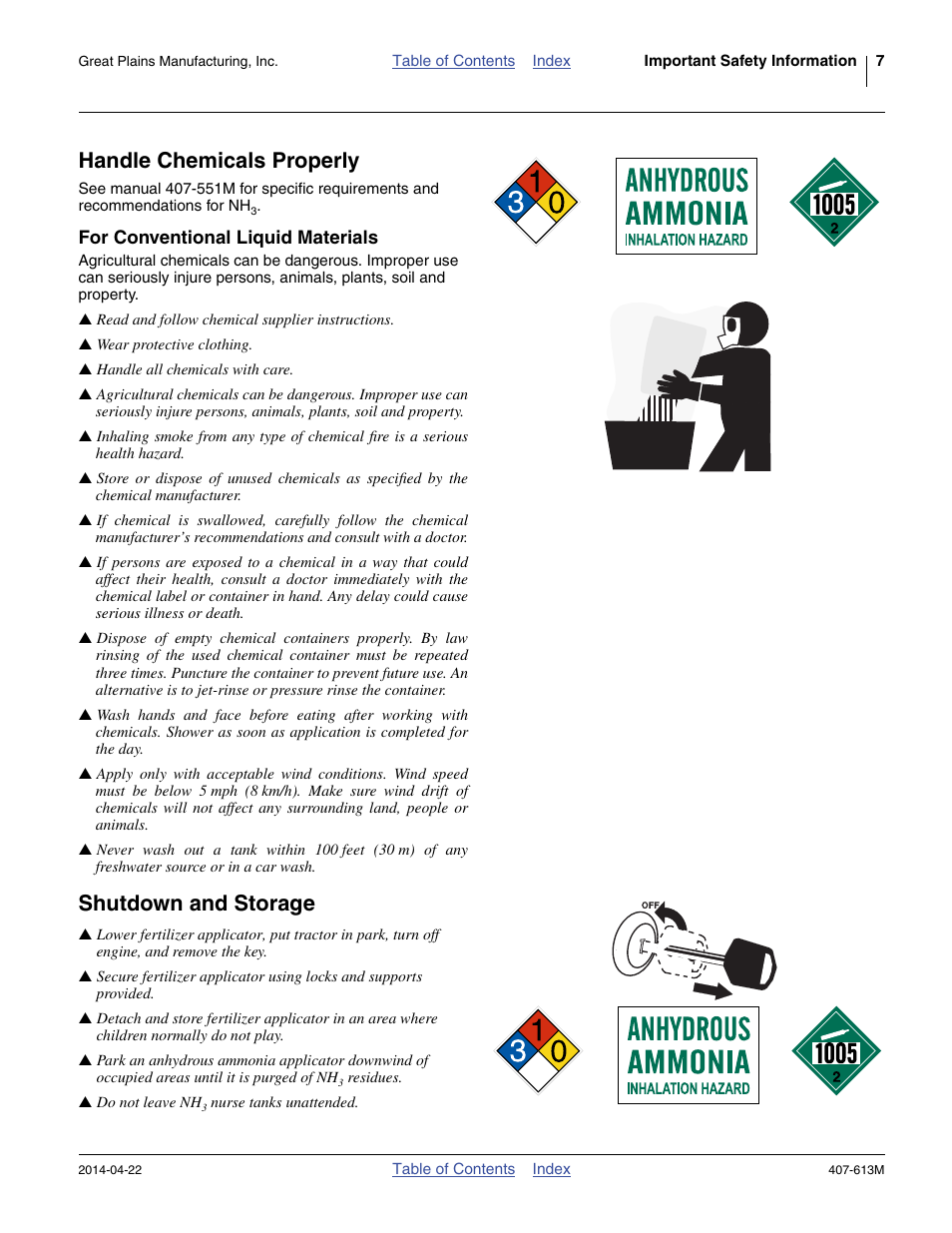 Handle chemicals properly, For conventional liquid materials, Shutdown and storage | Great Plains NP3000A Operator Manual User Manual | Page 11 / 188