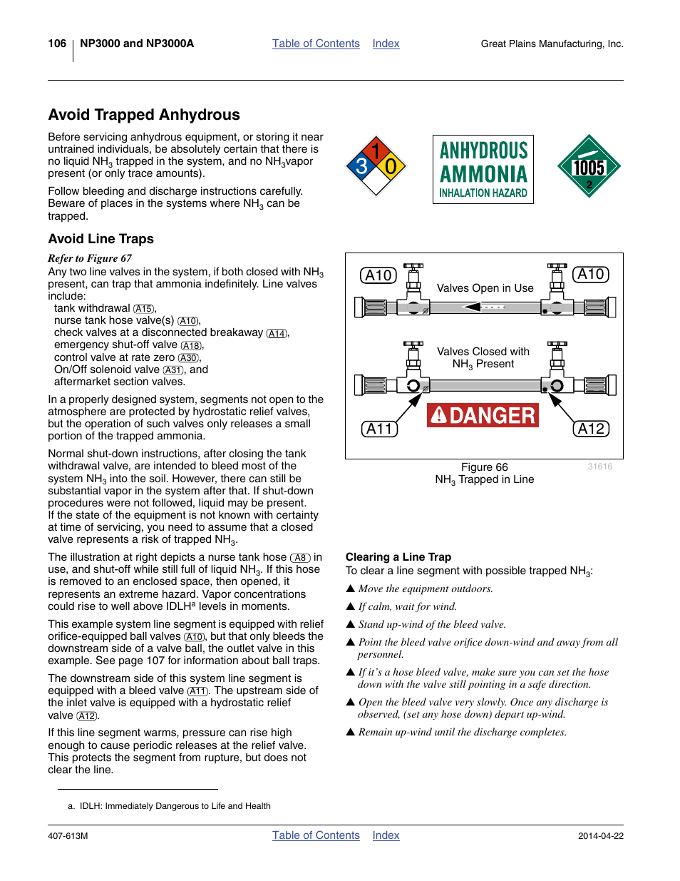 Avoid trapped anhydrous, Avoid line traps, Clearing a line trap | Ven when completely disconnected. see “ avoid | Great Plains NP3000A Operator Manual User Manual | Page 110 / 188
