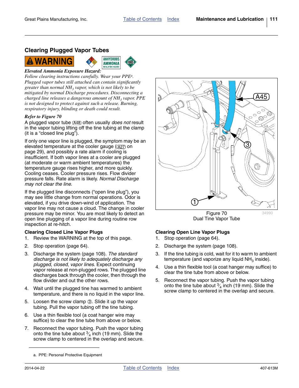 Clearing plugged vapor tubes, Clearing closed line vapor plugs, Clearing open line vapor plugs | 13 a45 | Great Plains NP3000A Operator Manual User Manual | Page 115 / 188