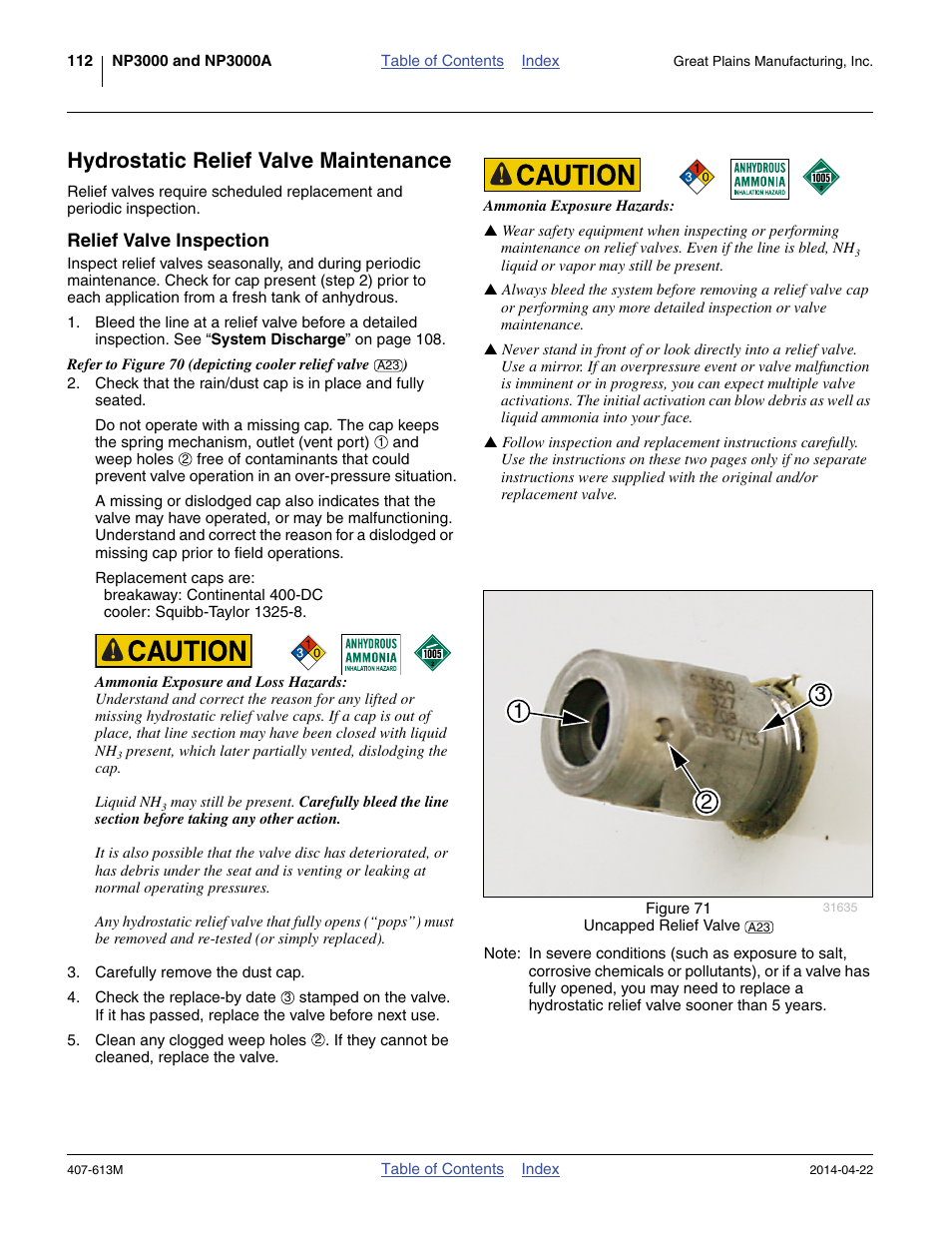 Hydrostatic relief valve maintenance, Relief valve inspection | Great Plains NP3000A Operator Manual User Manual | Page 116 / 188