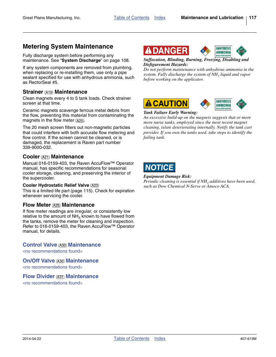 Metering system maintenance, Strainer maintenance, Cooler maintenance | Cooler hydrostatic relief valve, Flow meter maintenance, Control valve maintenance, On/off valve maintenance, Flow divider maintenance | Great Plains NP3000A Operator Manual User Manual | Page 121 / 188