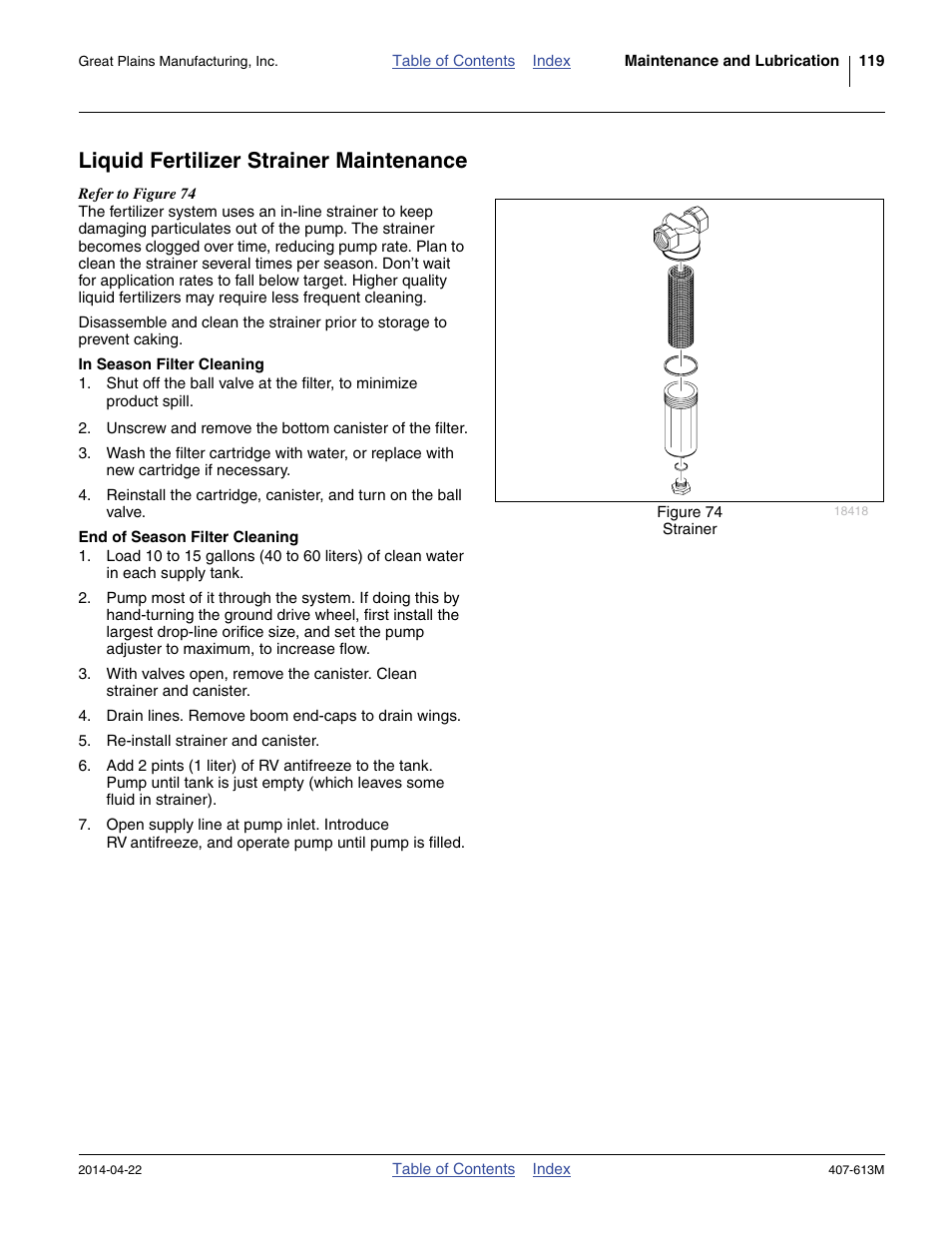 Liquid fertilizer strainer maintenance, In season filter cleaning, End of season filter cleaning | Great Plains NP3000A Operator Manual User Manual | Page 123 / 188