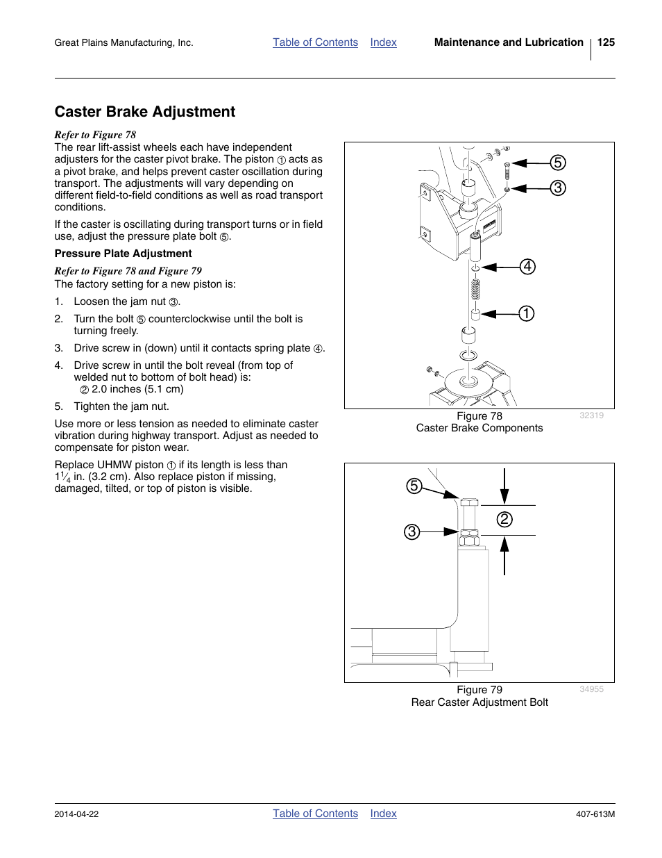 Caster brake adjustment, Pressure plate adjustment | Great Plains NP3000A Operator Manual User Manual | Page 129 / 188