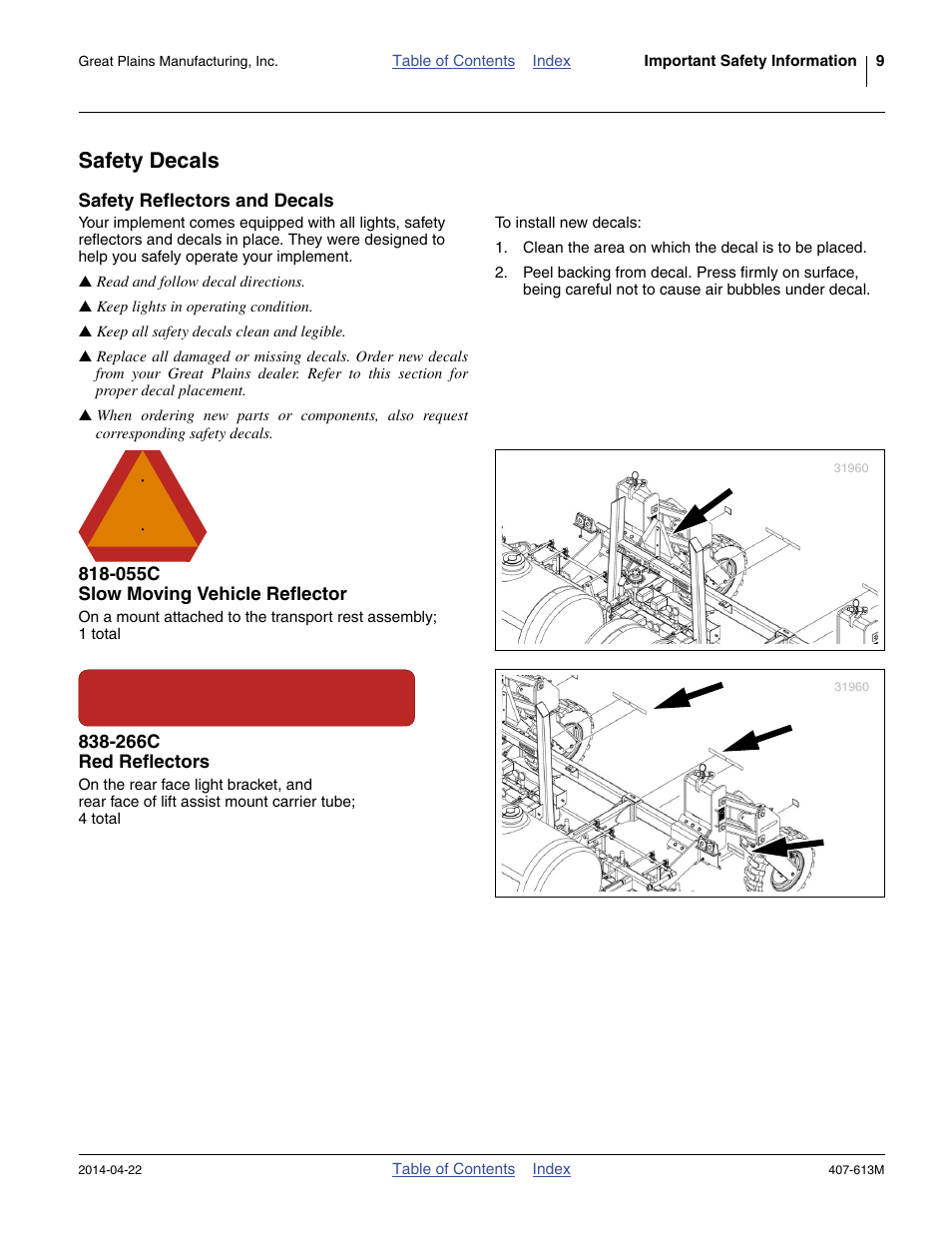 Safety decals, Safety reflectors and decals, 055c slow moving vehicle reflector | 266c red reflectors | Great Plains NP3000A Operator Manual User Manual | Page 13 / 188