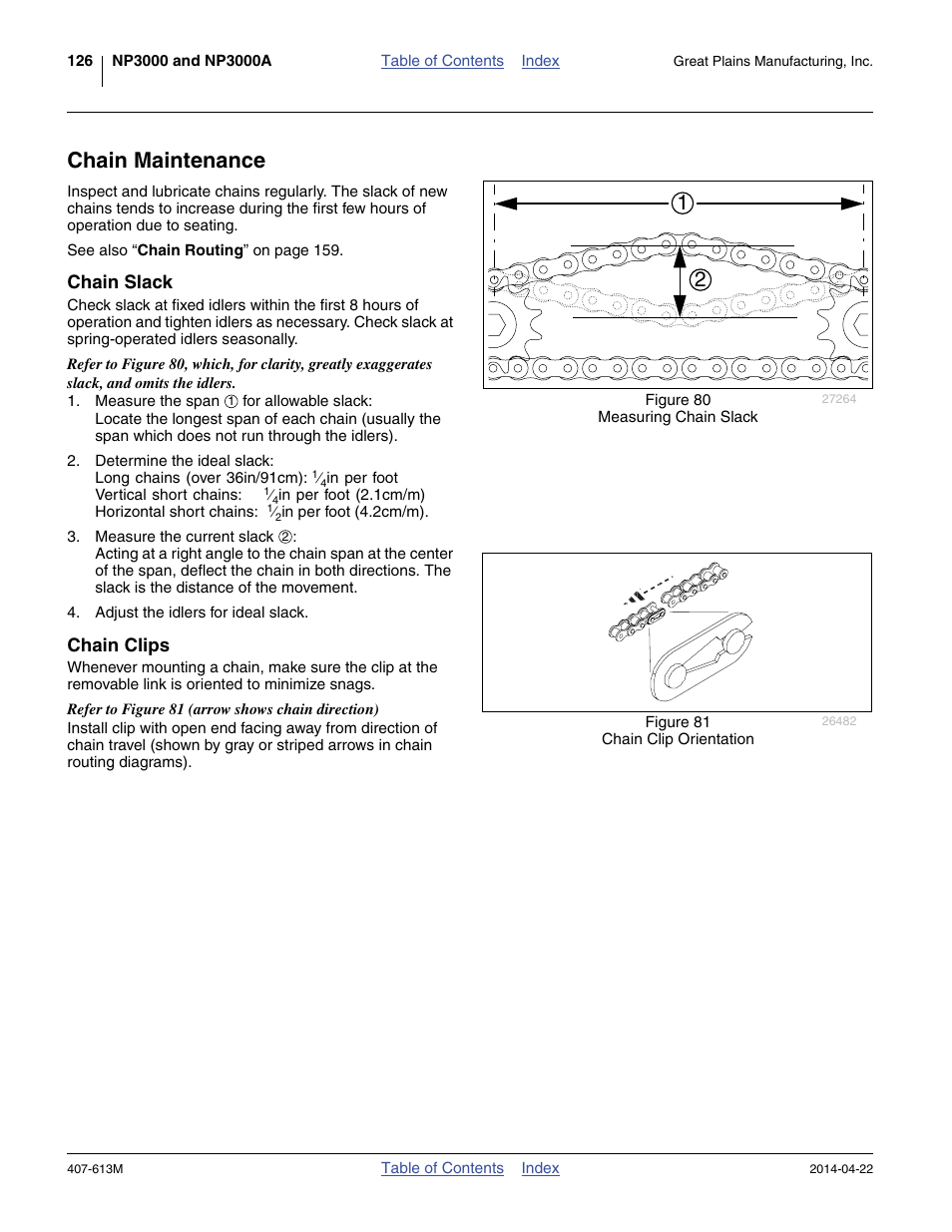 Chain maintenance, Chain slack, Chain clips | Great Plains NP3000A Operator Manual User Manual | Page 130 / 188