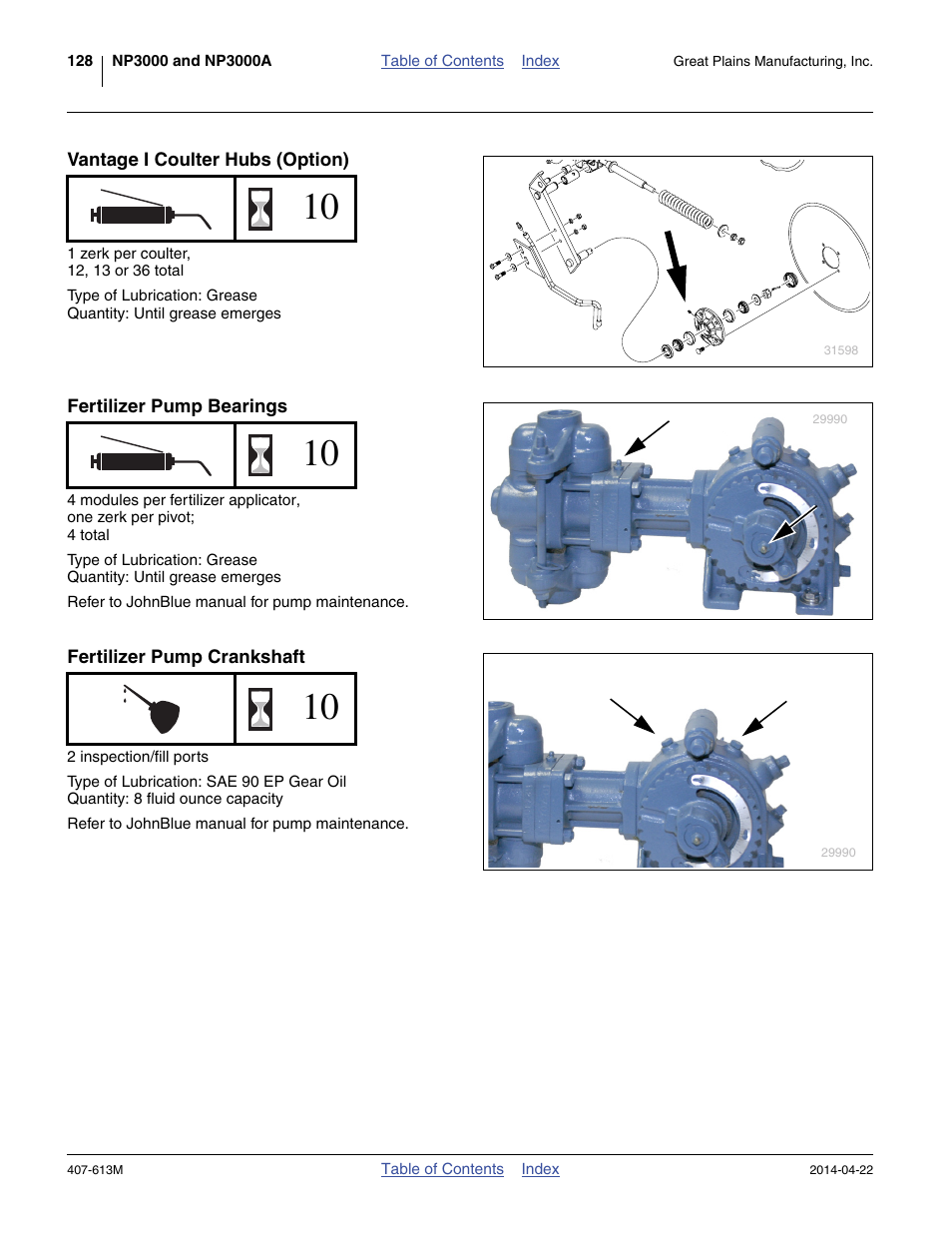 Vantage i coulter hubs (option), Fertilizer pump bearings, Fertilizer pump crankshaft | Great Plains NP3000A Operator Manual User Manual | Page 132 / 188