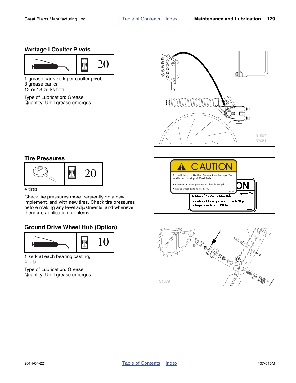 Vantage i coulter pivots, Tire pressures, Ground drive wheel hub (option) | Great Plains NP3000A Operator Manual User Manual | Page 133 / 188
