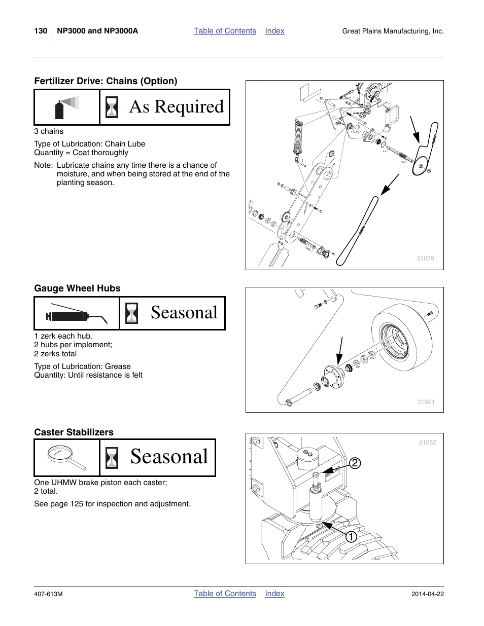 Fertilizer drive: chains (option), Gauge wheel hubs, Caster stabilizers | As required, Seasonal | Great Plains NP3000A Operator Manual User Manual | Page 134 / 188