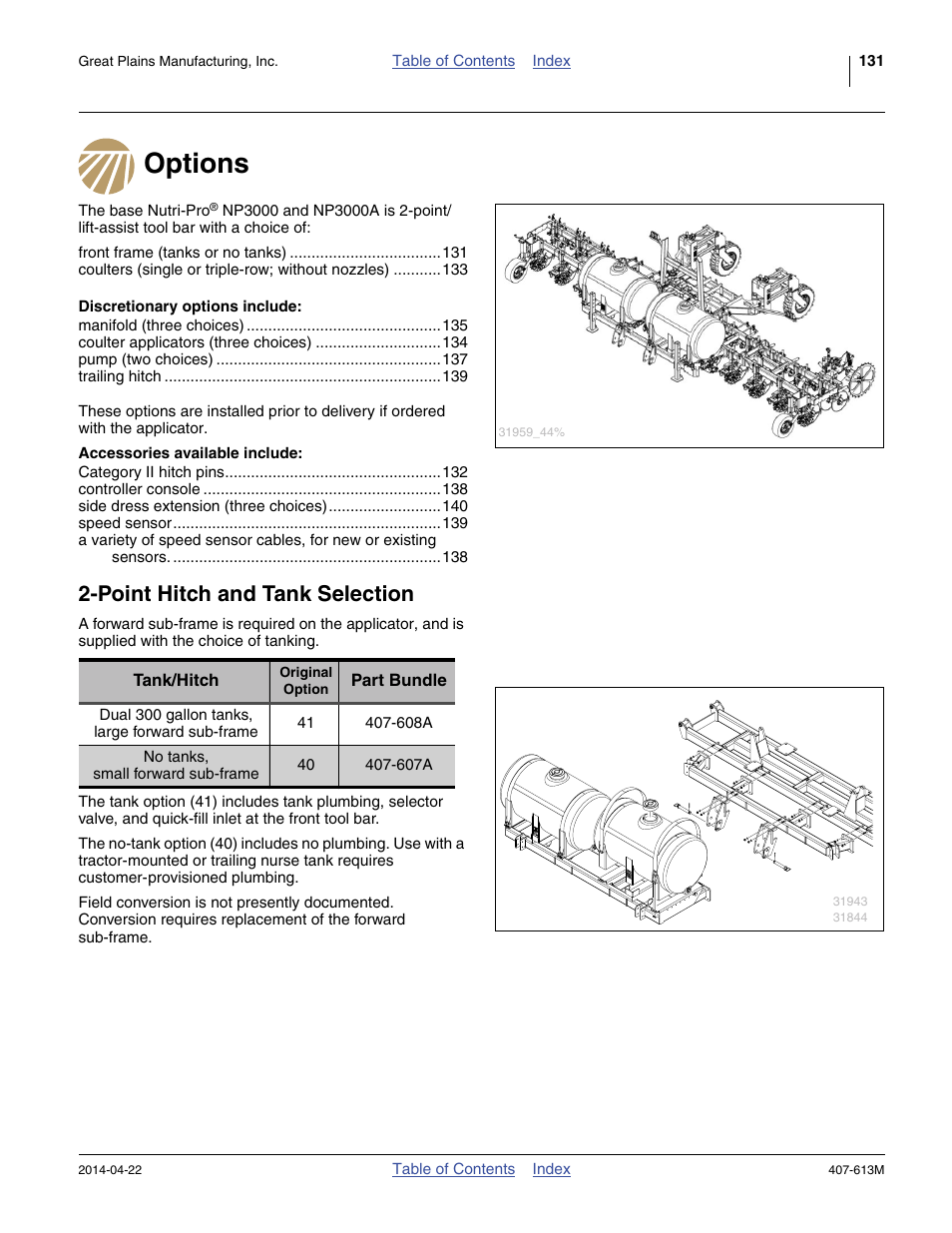 Options, Discretionary options include, Accessories available include | Point hitch and tank selection | Great Plains NP3000A Operator Manual User Manual | Page 135 / 188