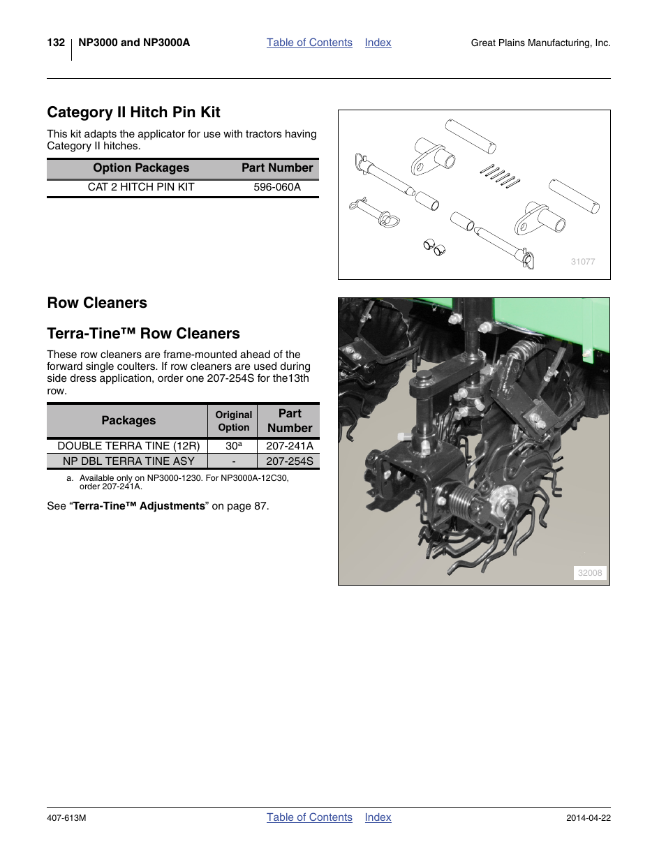 Category ii hitch pin kit, Row cleaners, Terra-tine™ row cleaners | Row cleaners terra-tine™ row cleaners | Great Plains NP3000A Operator Manual User Manual | Page 136 / 188