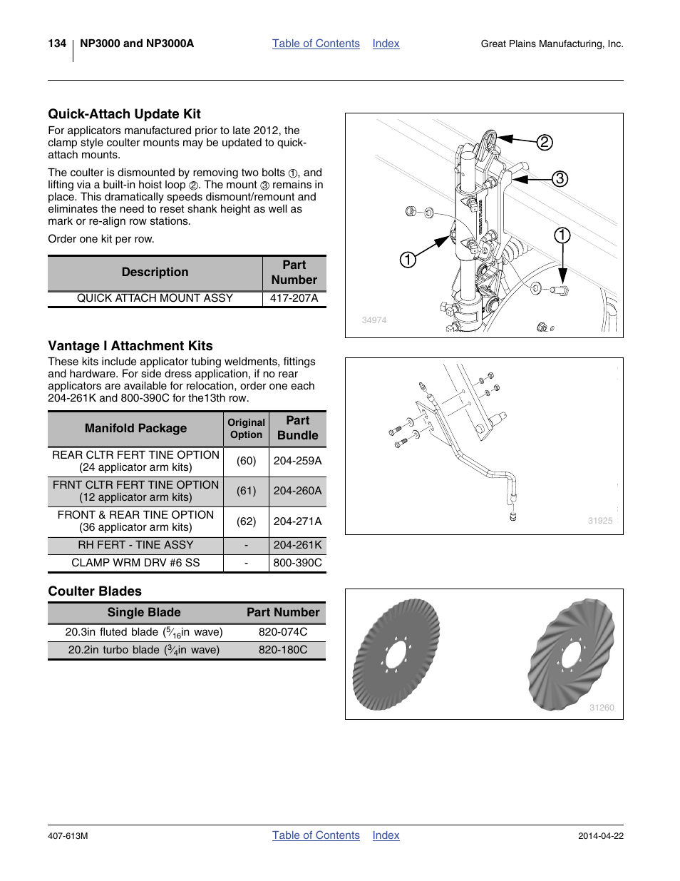 Quick-attach update kit, Vantage i attachment kits, Coulter blades | Great Plains NP3000A Operator Manual User Manual | Page 138 / 188