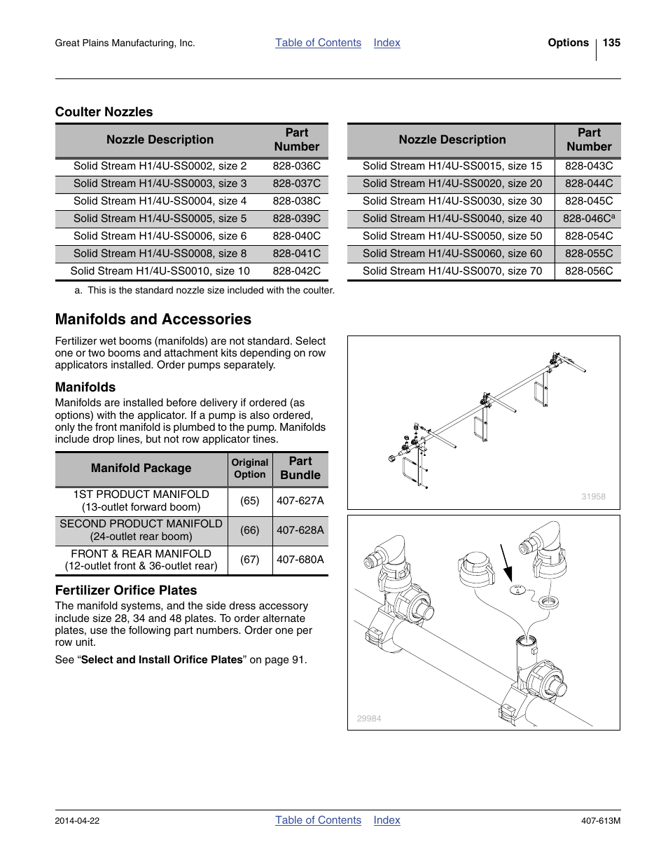 Coulter nozzles, Manifolds and accessories, Manifolds | Fertilizer orifice plates | Great Plains NP3000A Operator Manual User Manual | Page 139 / 188
