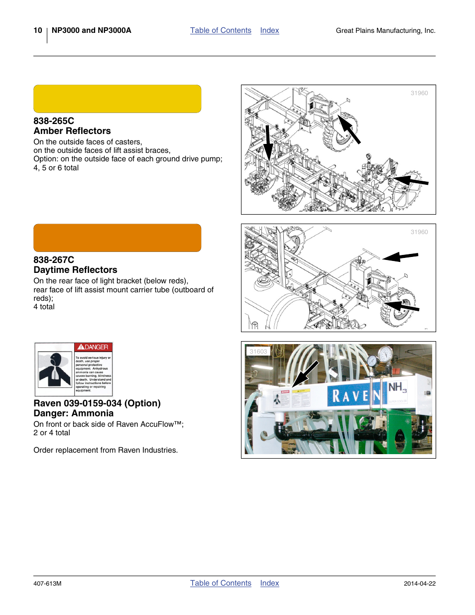 265c amber reflectors, 267c daytime reflectors, Raven 039-0159-034 (option) danger: ammonia | Great Plains NP3000A Operator Manual User Manual | Page 14 / 188