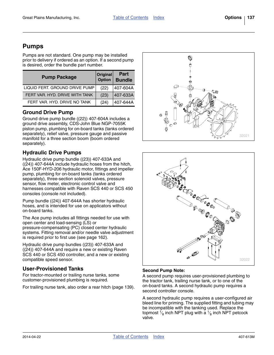Pumps, Second pump note, Ground drive pump | Hydraulic drive pumps, User-provisioned tanks | Great Plains NP3000A Operator Manual User Manual | Page 141 / 188