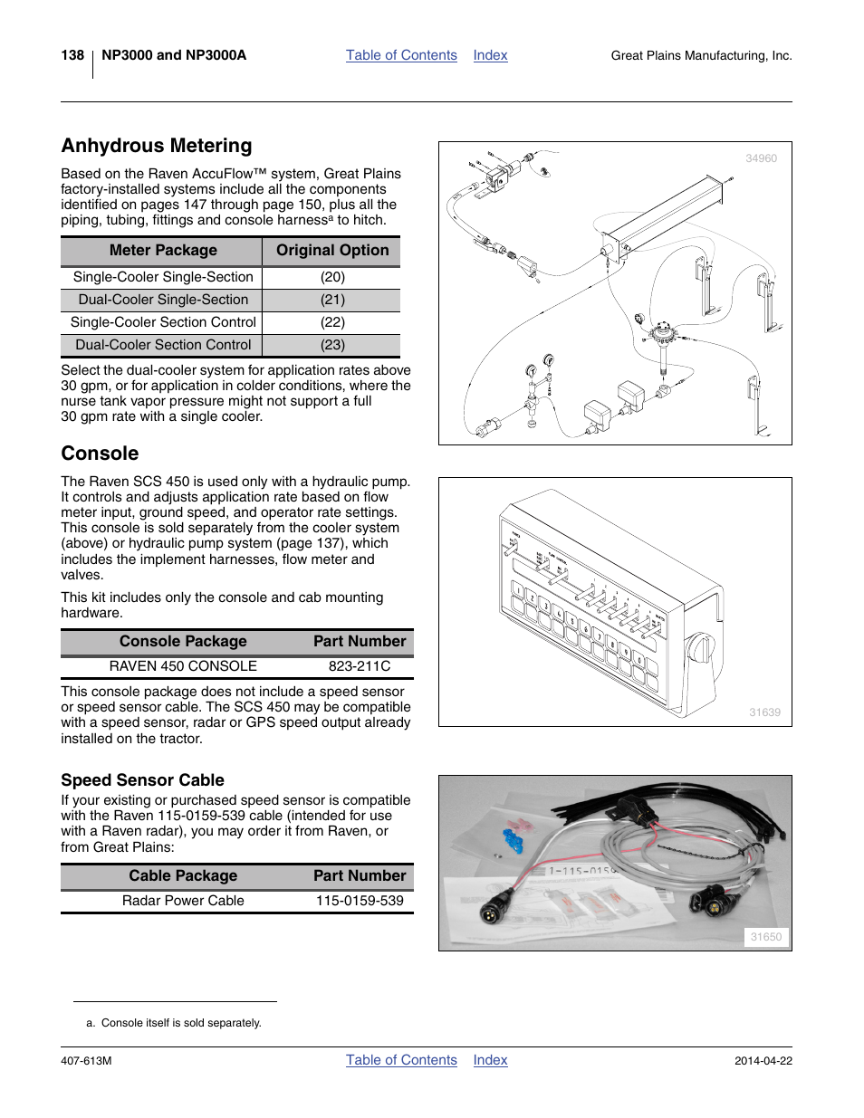 Anhydrous metering, Console, Speed sensor cable | Great Plains NP3000A Operator Manual User Manual | Page 142 / 188